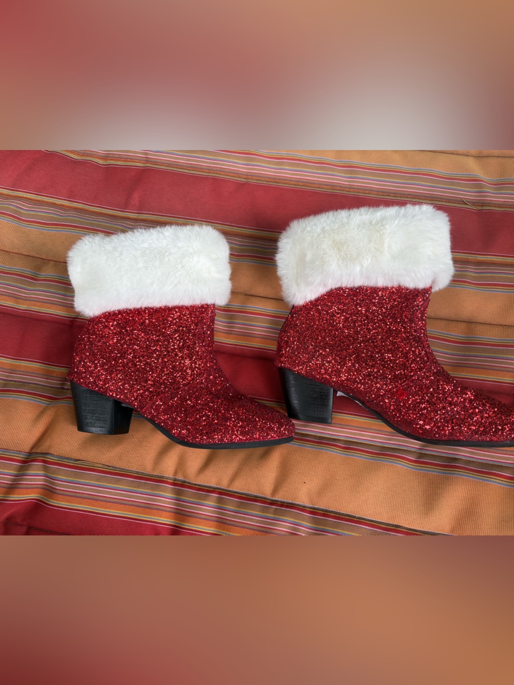 Red Glitter Faux-Fur Cuff Women's Ankle Boots